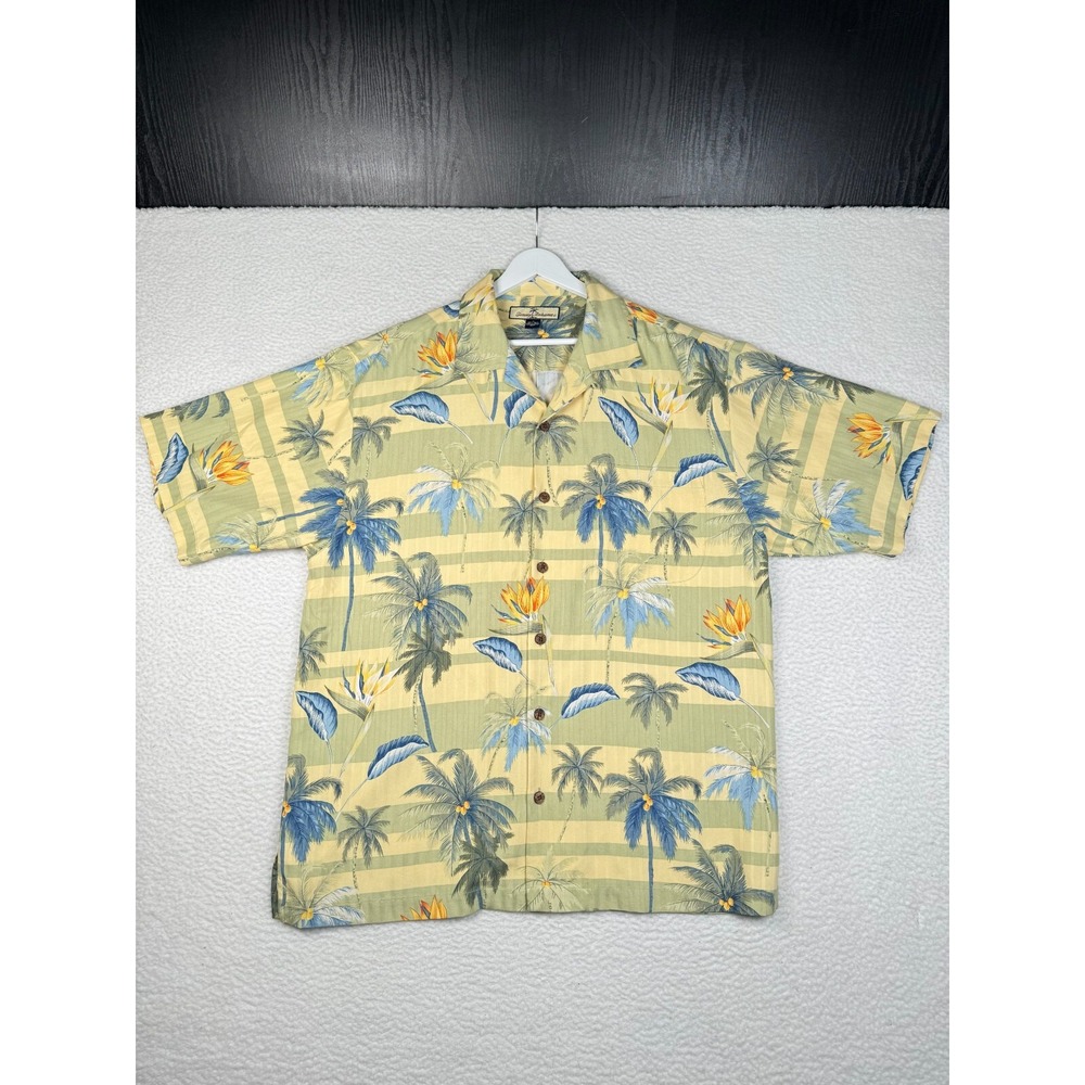 Tommy Bahama Hawaiian Shirt Mens Medium Yellow Silk Palm Tree Print Short Sleeve